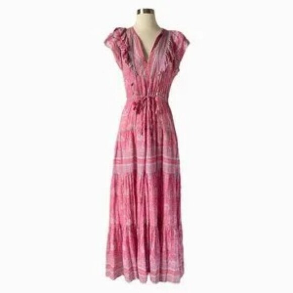 Alica Bell Lola Dress S Pink Floral Boho Maxi Ruffle Tiered Cotton Silk - Picture 1 of 6